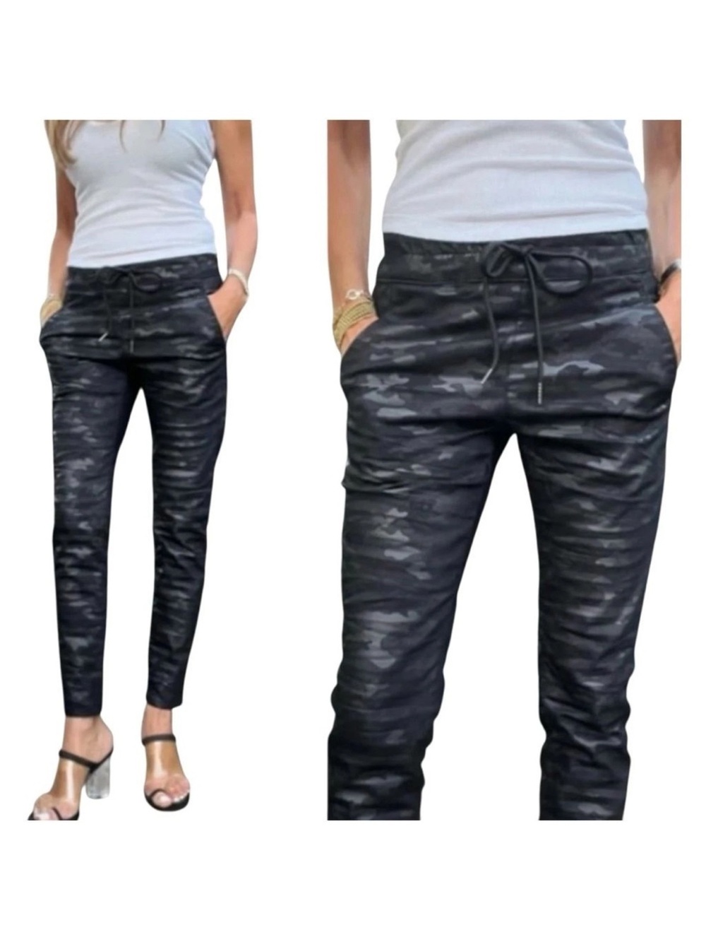 Bevy Flog Shely Black Camo Jogger Pants Size 30 NWOT Athleisure $220
